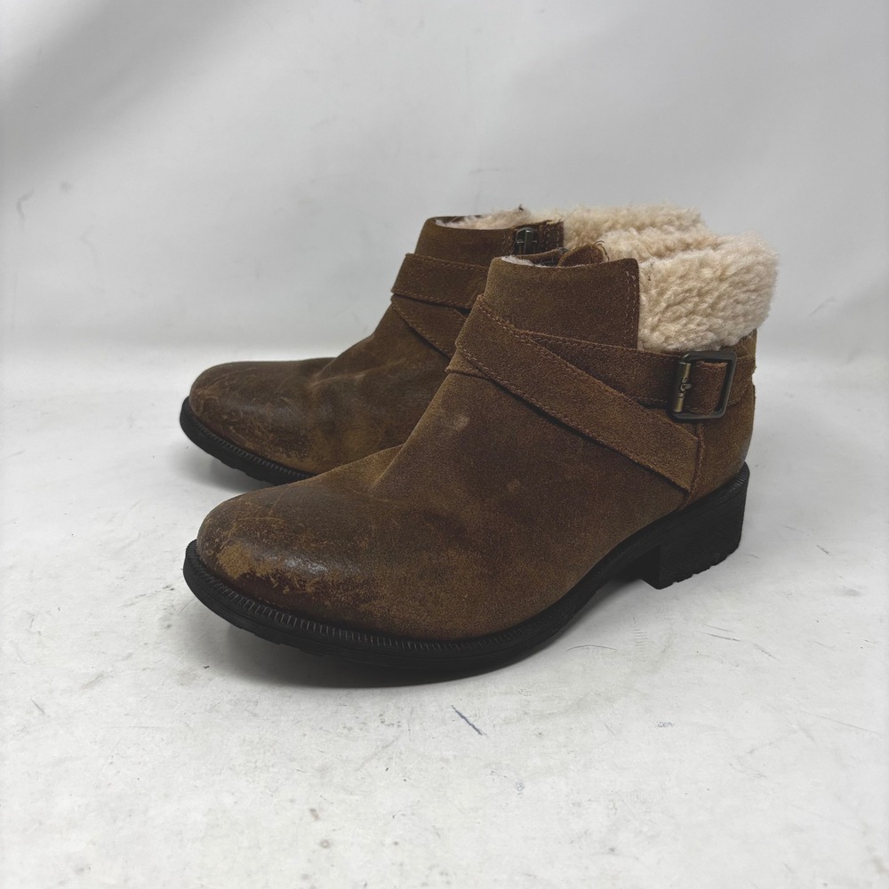 UGG‎ Sherpa Ankle Boots Size 7.5 Distressed Brown Buckle Strap Side Zip Womens